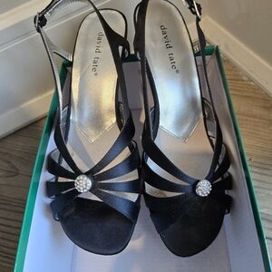 David Tate Black Satin Rosette Strappy Heels with Rhinestone Accent